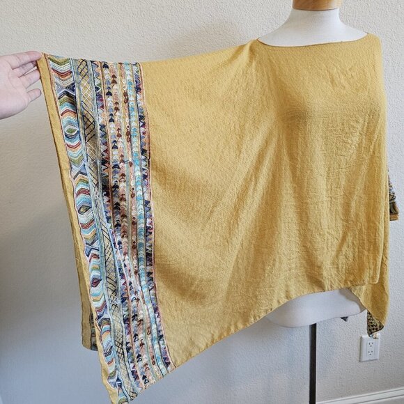 Embroidered Boho Mustard Yellow Poncho Shawl Cover Up Kimono Cape Coast One Size - Picture 3 of 10